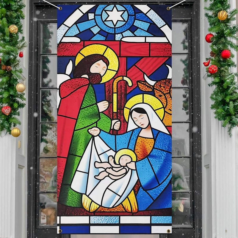 Zeptrix Christmas Door Cover Decorations,Jesus Nativity Scene Christmas Fabric Door Decoration Porch Sign Holy Night Outdoor Religious Front Door Banner Winter Holiday New Year Xmas Office Home Party Supplies - Image 1